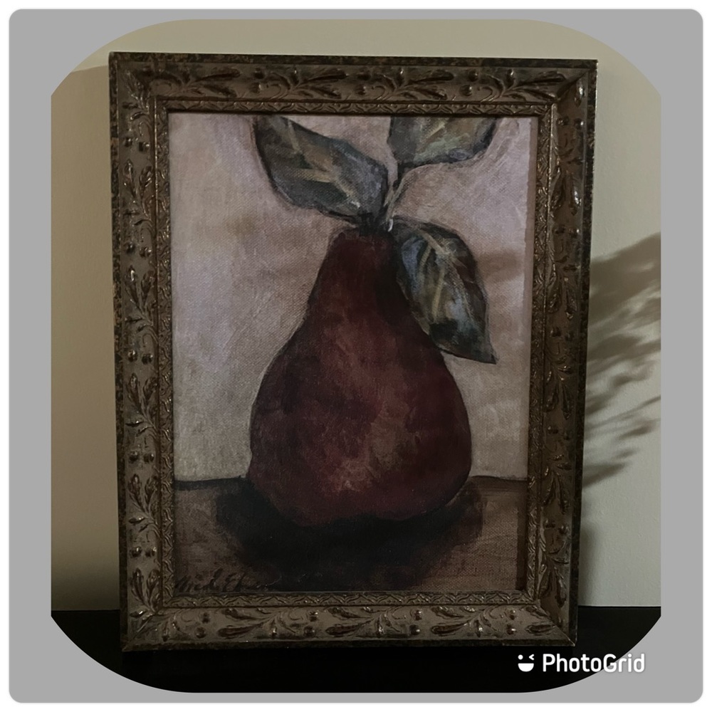 Red Pear On Beige by Nicole Etienne. High quality, framed art. Finished: 15”X19”
